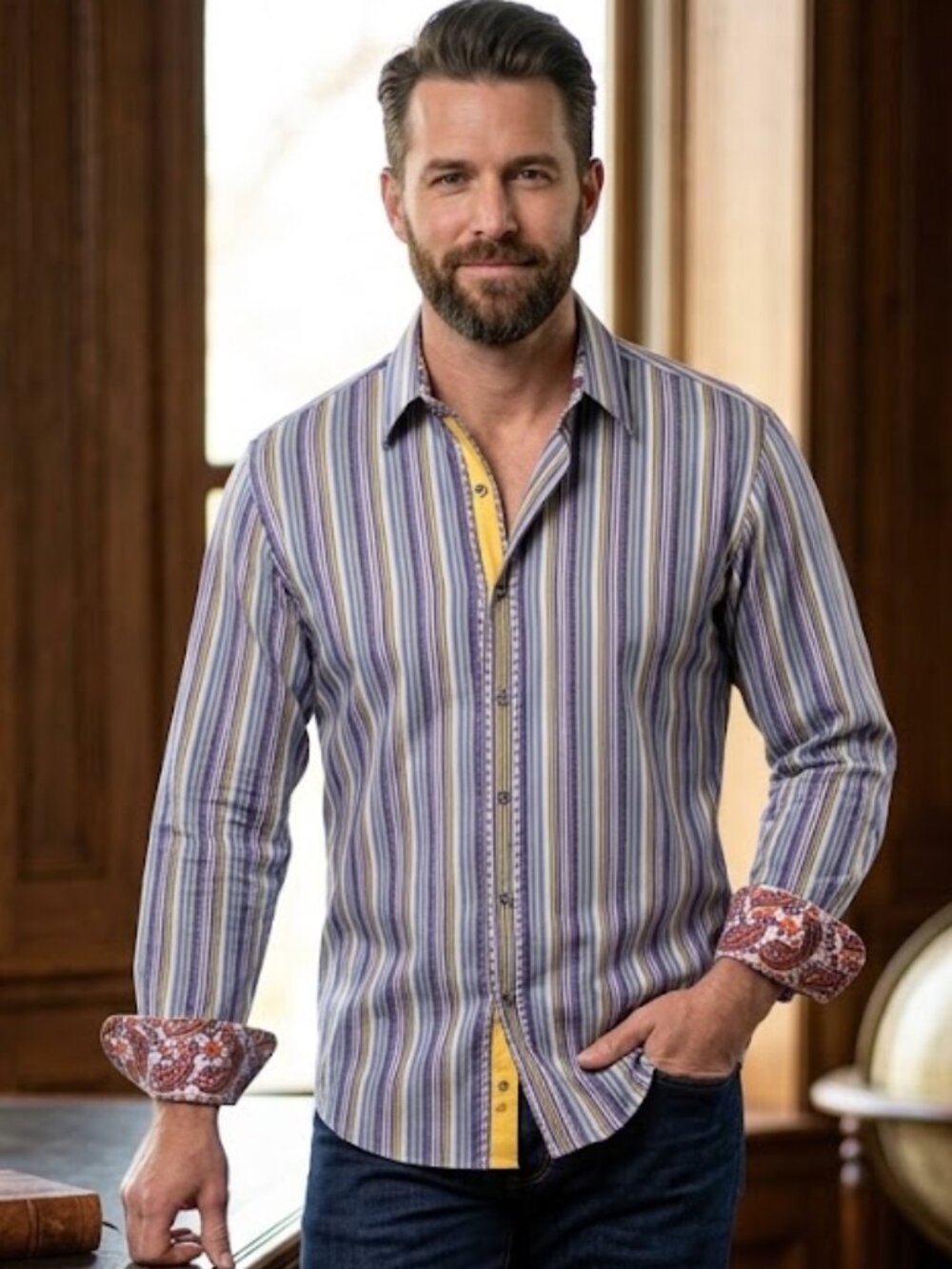 Robert Graham Striped Button Down Shirt L Paisley Flip Cuffs Luxury Eclectic
